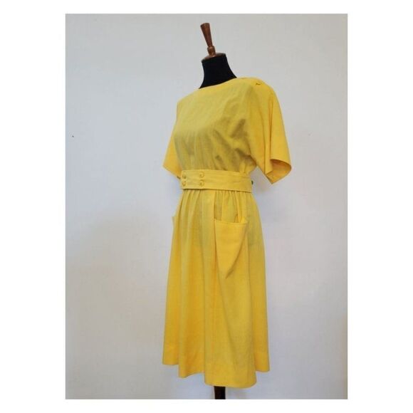 Vintage 1970's Deadstock Bright Yelllow Belted Dress - Picture 2 of 8